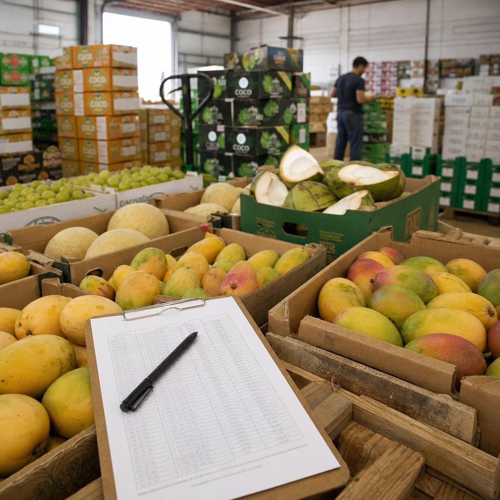 Foto de caixas de frutas e uma lista de pedido confirmada