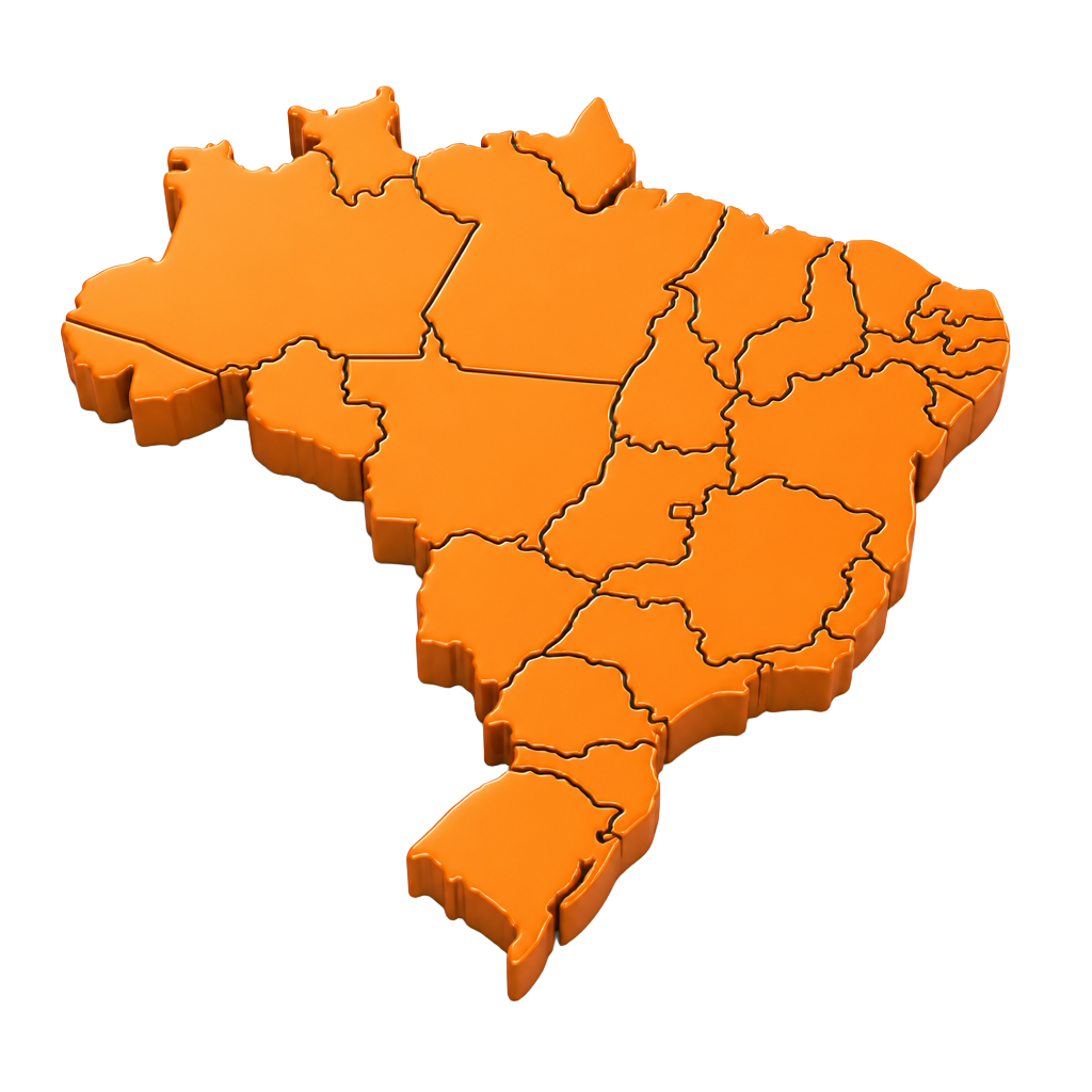 Mapa 3D do Brasil em laranja com divisões dos estados